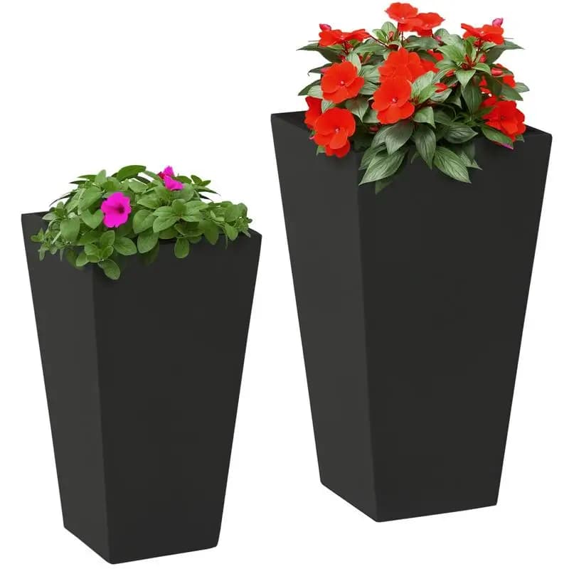 Set di 2 Fioriere da Esterno, Vasi per Fiori con Fori di Drenaggio, Vaso per Piante Resistente e Impilabile, 22in e 18in, per Portico, Ingresso, Patio, Giardino, Nero