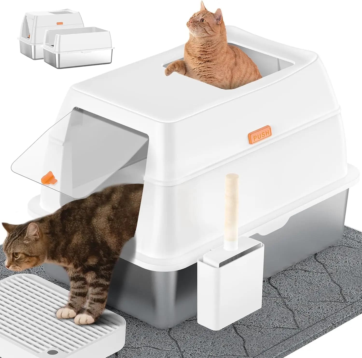 Lettiera per Gatti in Acciaio Inossidabile con Coperchio, Extra Large con Ingresso dall'Alto per Gatti Grandi, Anti-Perdita, Facile da Pulire, con Paletta e Tappetino