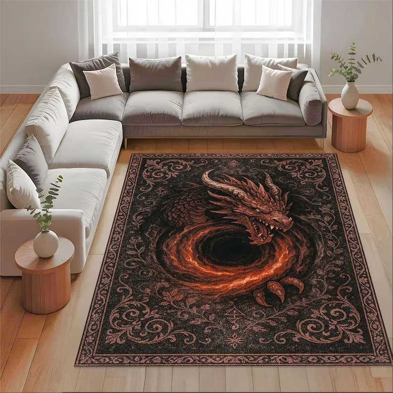 Tappeto drago Tappeto fantasy gotico Tappeto fuoco scuro Tappeto creatura Decor Tappeto sala giochi Tappeto a spirale rosso nero Tappetino stile medievale