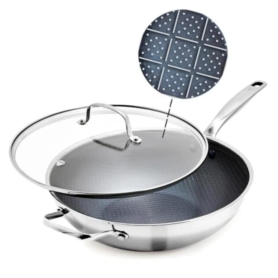 Padella Wok Ibrida Antiaderente in Acciaio Inossidabile da 12 Pollici con Coperchio, Senza PFAS, Rivestimento in Ceramica Diamantata, Adatta per Induzione, Lavabile in Lavastoviglie e Utilizzabile in Forno