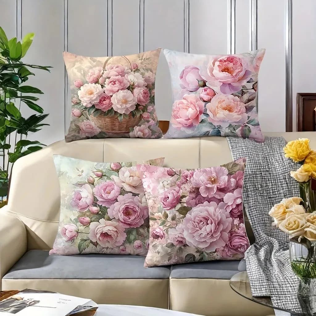 Vintage floral pillow sheet with pink peonie, romantic peonie watercolor print, polyester, for sofa, with basket floral pattern