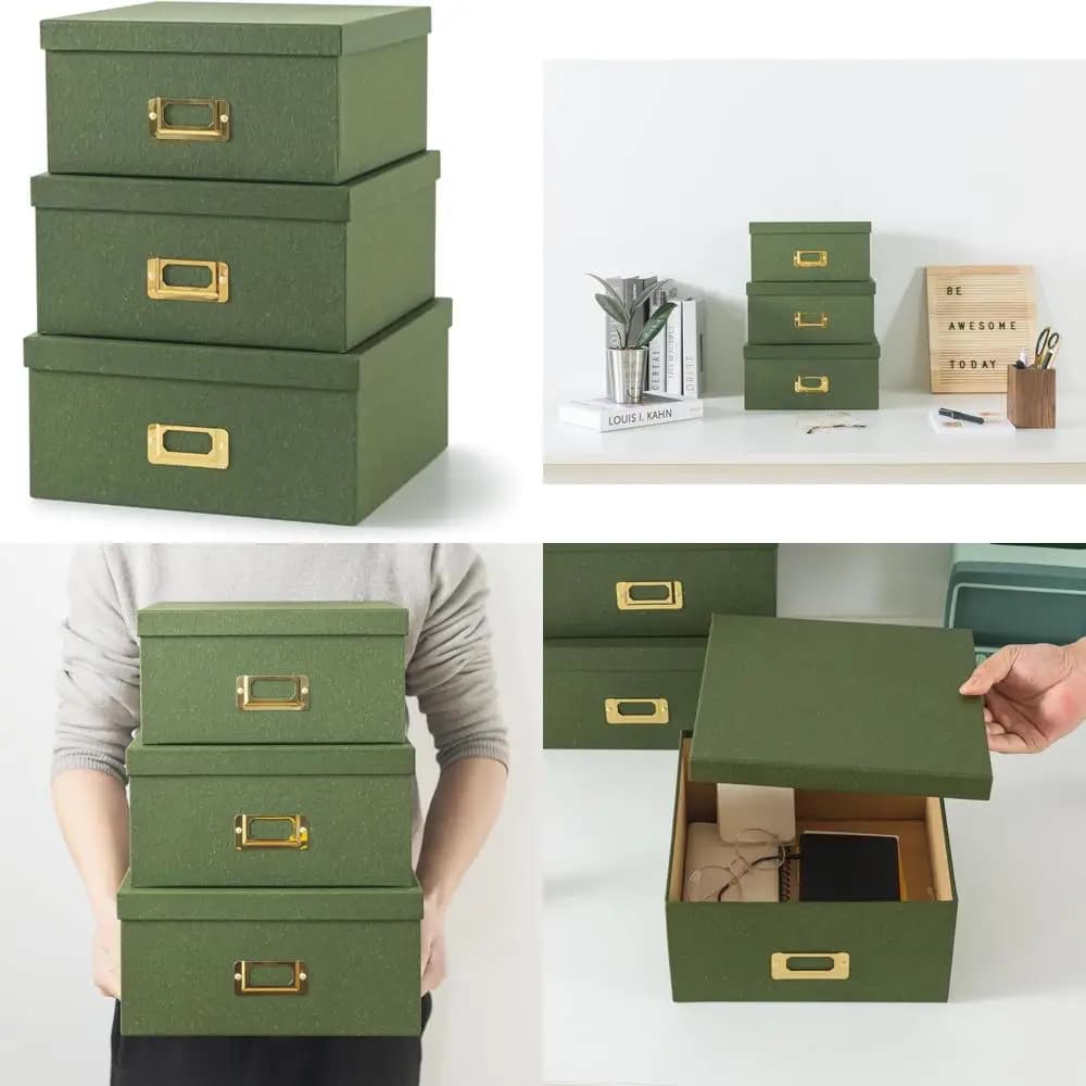 Eleganti scatole portaoggetti in Kraft impilabili, set di 3 con coperchi e porta etichette dorate per un'organizzazione elegante