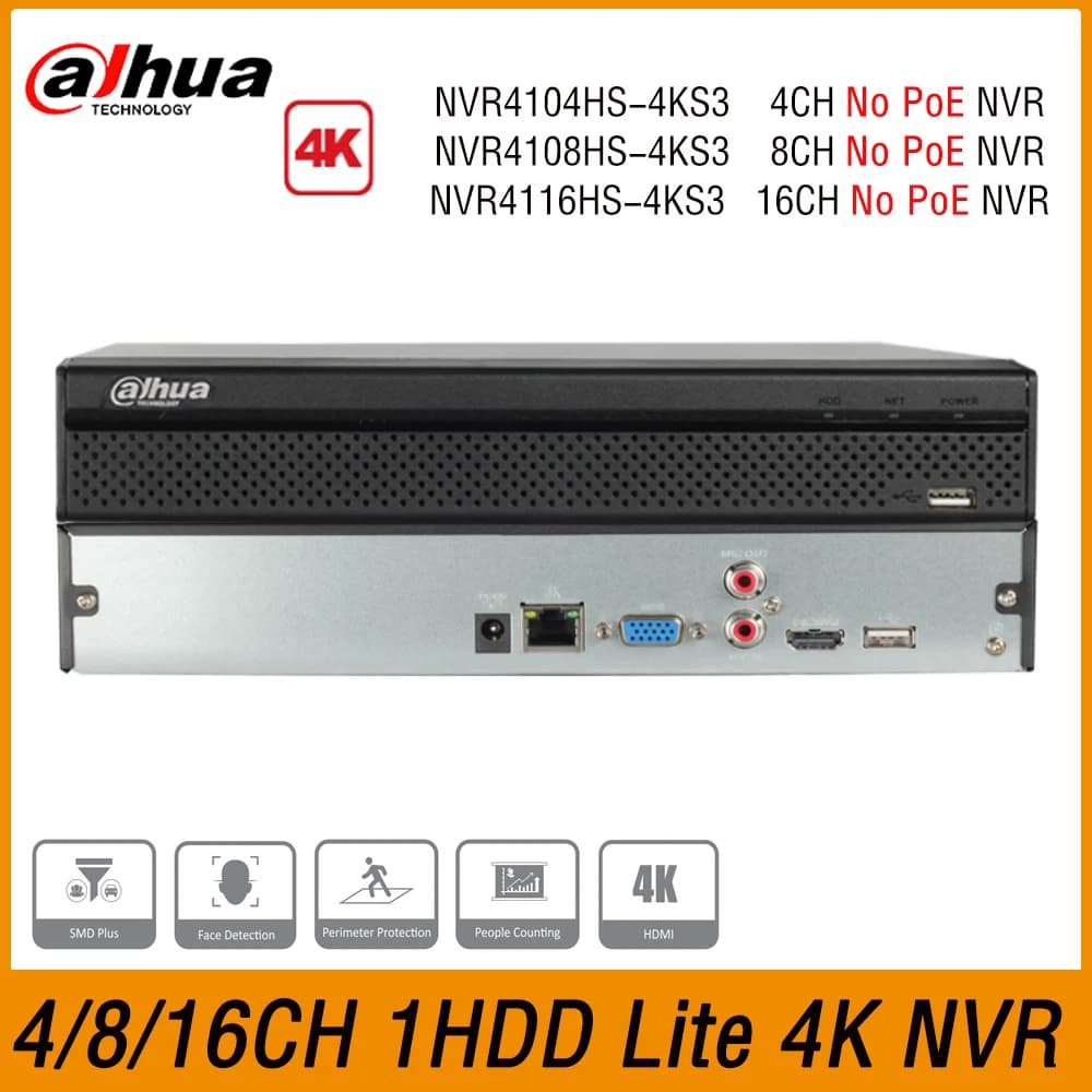 Dahua NVR4104HS-4KS3 NVR4108HS-4KS3 NVR4116HS-4KS3 4/8/16CH P2P Compact 1U 1HDD 4K No PoE AI and H.265 ONVIF Network Recorder