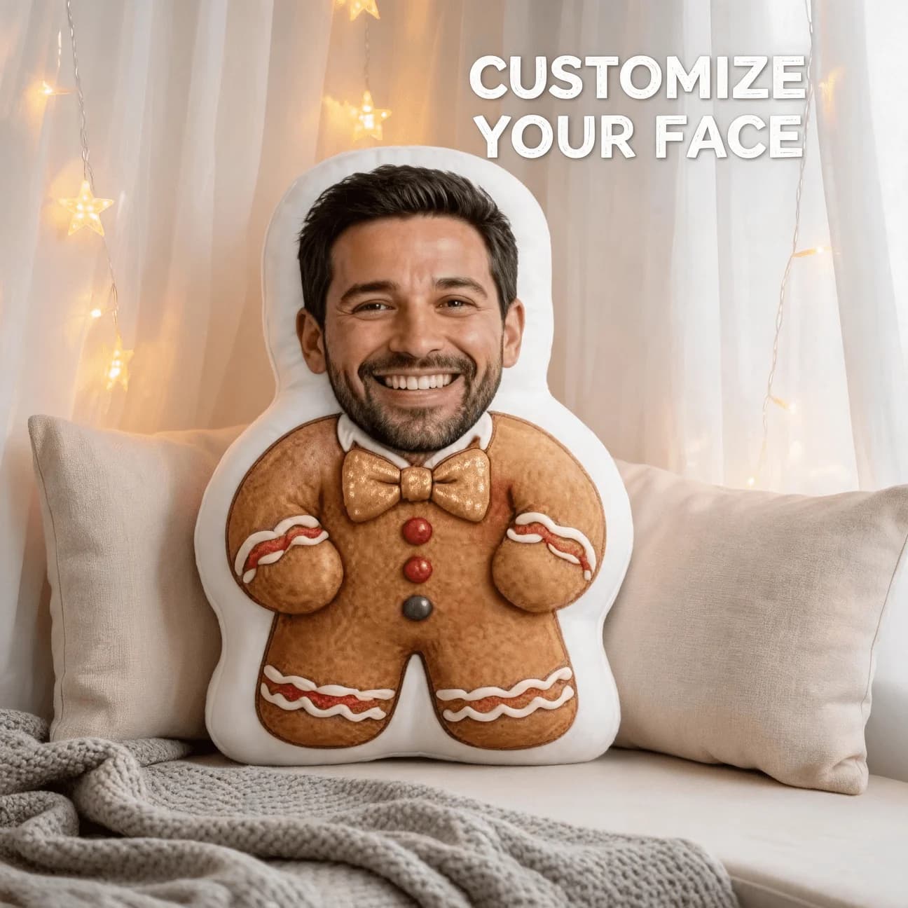 Custom Personalized Photo Face Pillow, Gingerbread Man Shaped Decorative Cushion, 60CM Home Decor Accent Pillow for Sofa And Bed