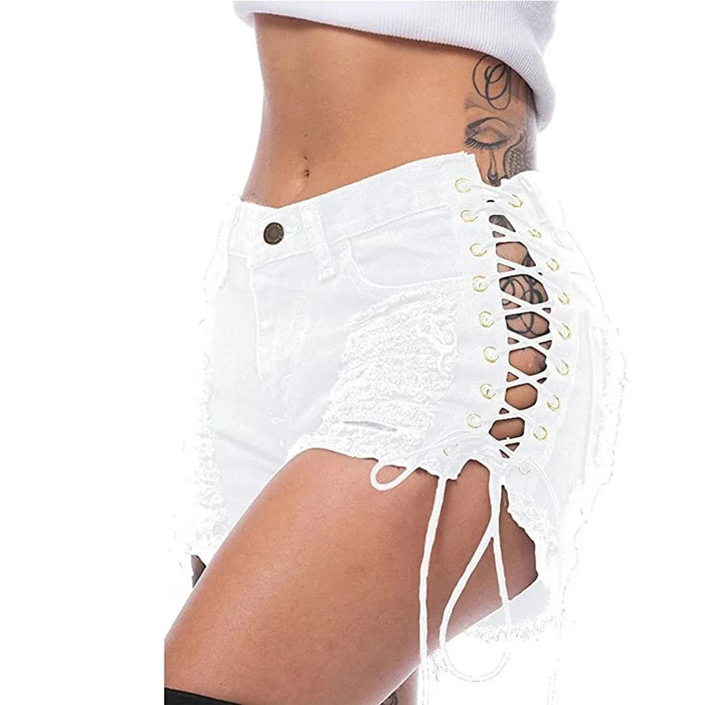 New Denim Shorts Elasticized Straped Effect Washed, Trendy Street Spring-Summer, Jeans Women's Casual Courts with Side Details Fascia