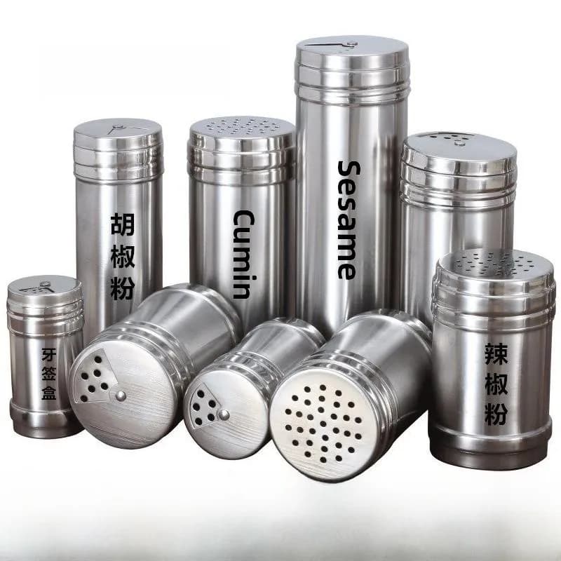 Set di shaker rotanti per spezie in acciaio inossidabile, contenitore per condimenti da cucina, barattolo per sesamo, pepe in polvere, scatola per condimenti, per campeggio all'aperto