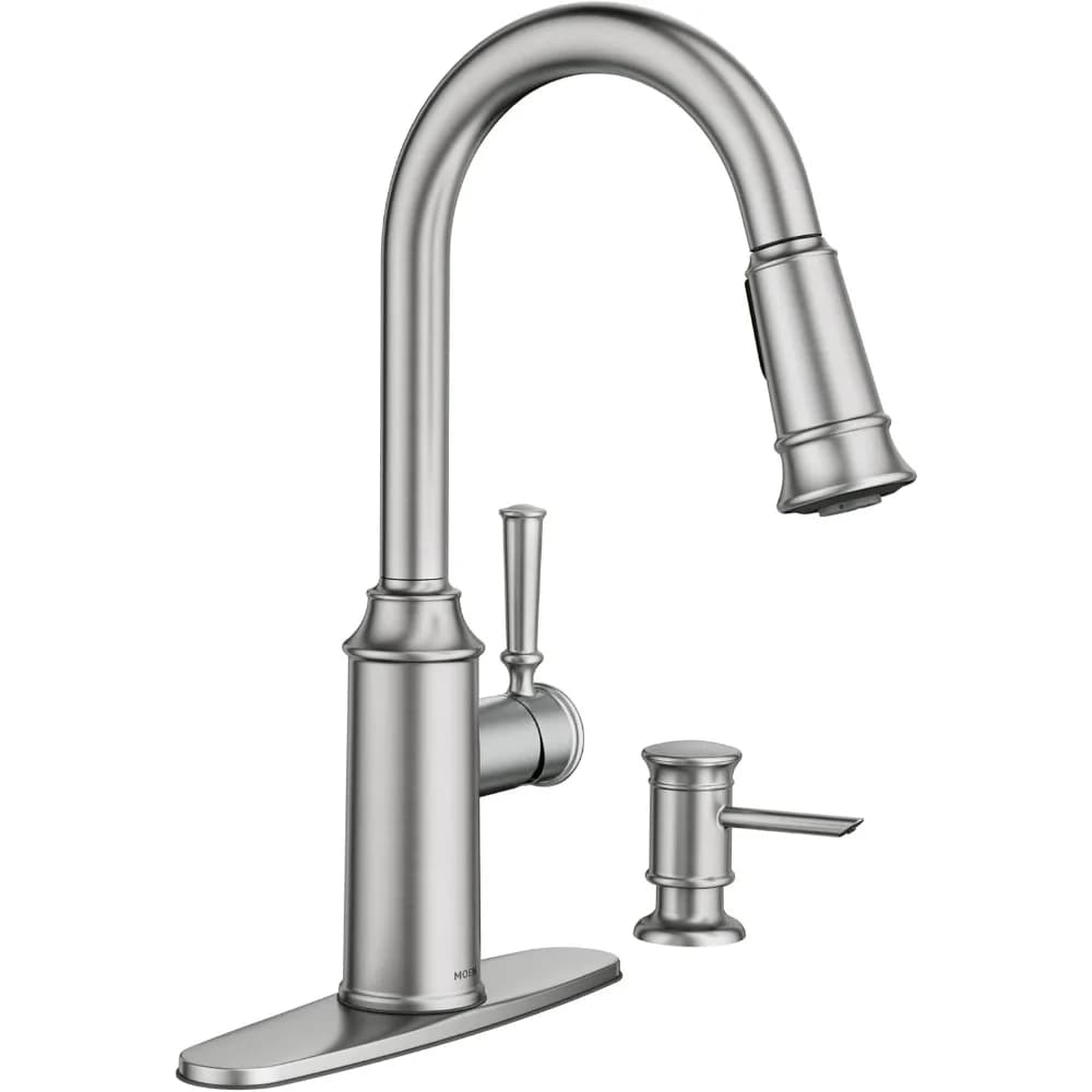 Moen Glenshire Rubinetto da cucina estraibile ad arco singolo con dispenser di sapone in acciaio inossidabile resistente alle macchie