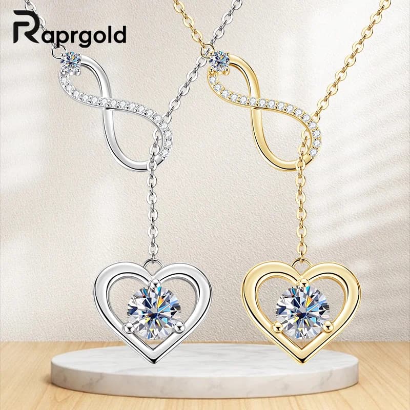 RAPRGOLD Certificato Moissanite Cuore Collana con ciondolo infinito Catena per donna Collane in argento sterling S925 Regali di gioielleria raffinata