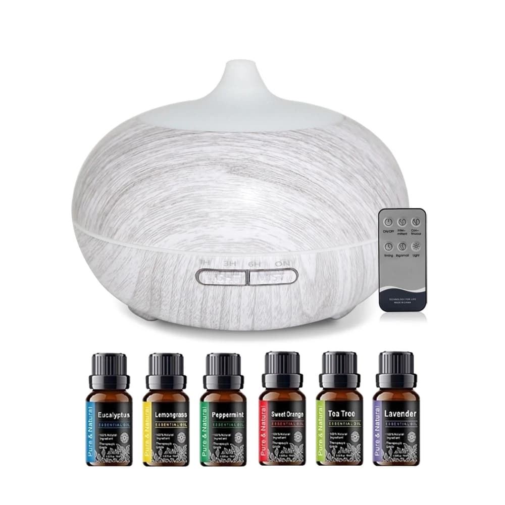 Diffusore per aromaterapia con design remoto a venature del legno da 550 ml, 6 oli essenziali e 7 colori LED per il rilassamento