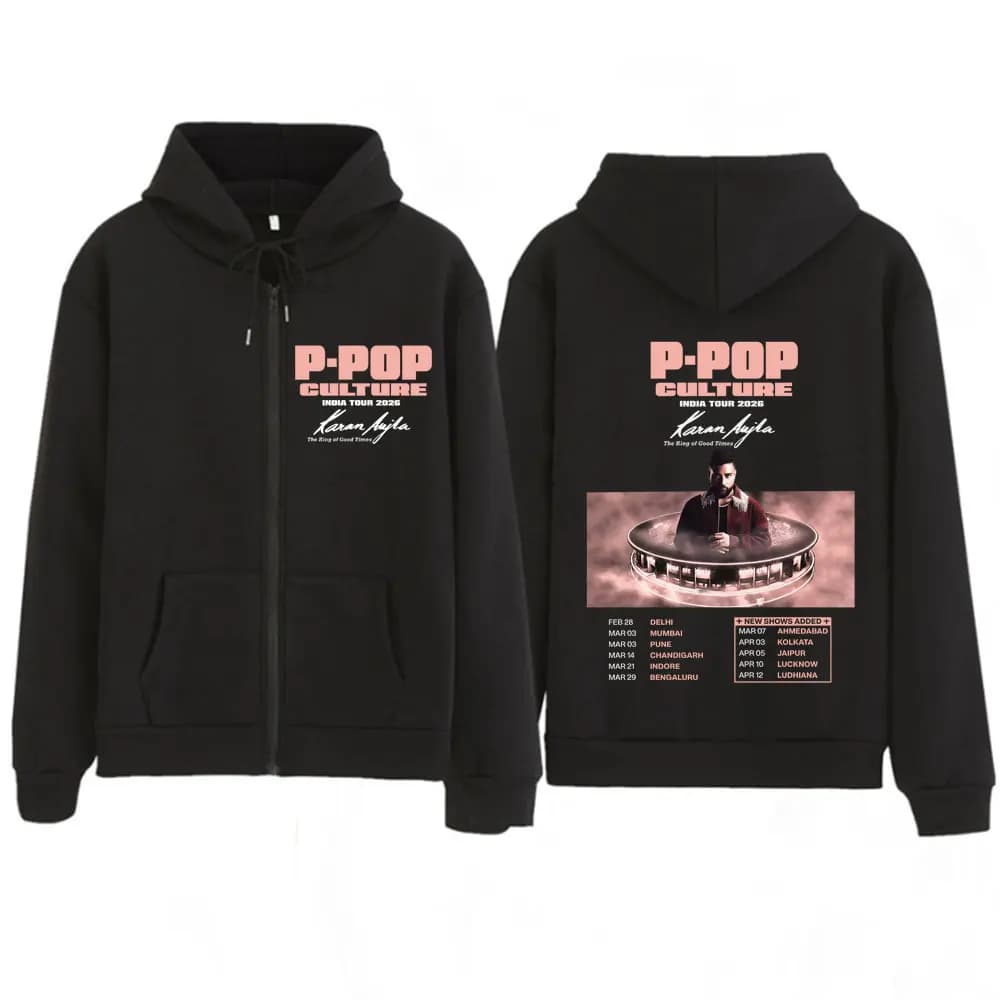 Felpa con Cappuccio e Zip Grafica Rapper Karan Aujla P-POP Culture Tour 2026, Pullover Moda Uomo, Felpa Oversize con Zip Stile Hip-hop
