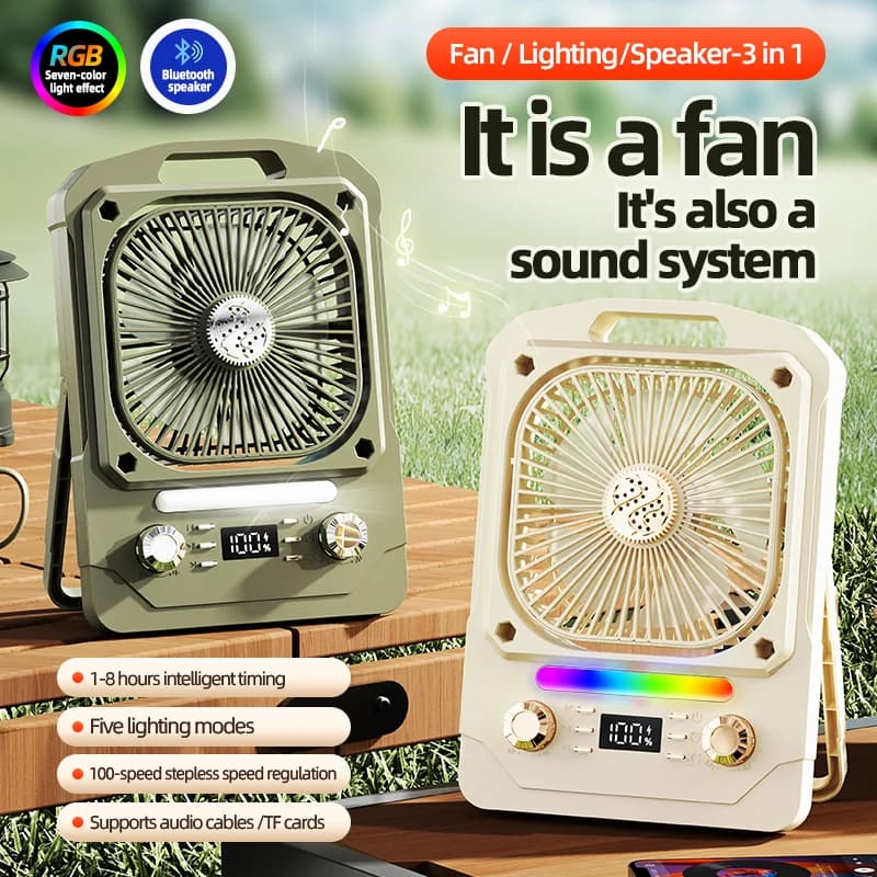 High Speed Outdoor Fan USB Charging Electric Portable Silent LED Light Bluetooth Music Speaker Camping Fan Foldable