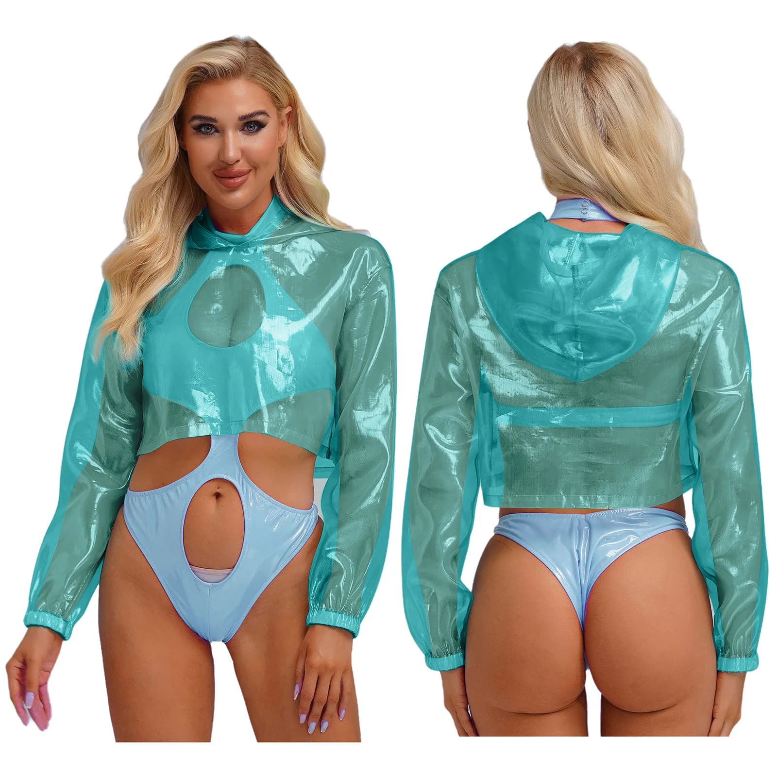 Top da donna con cappuccio trasparente scintillante T-shirt corte a maniche lunghe olografiche Abiti da festival rave Pullover con cappuccio Clubwear
