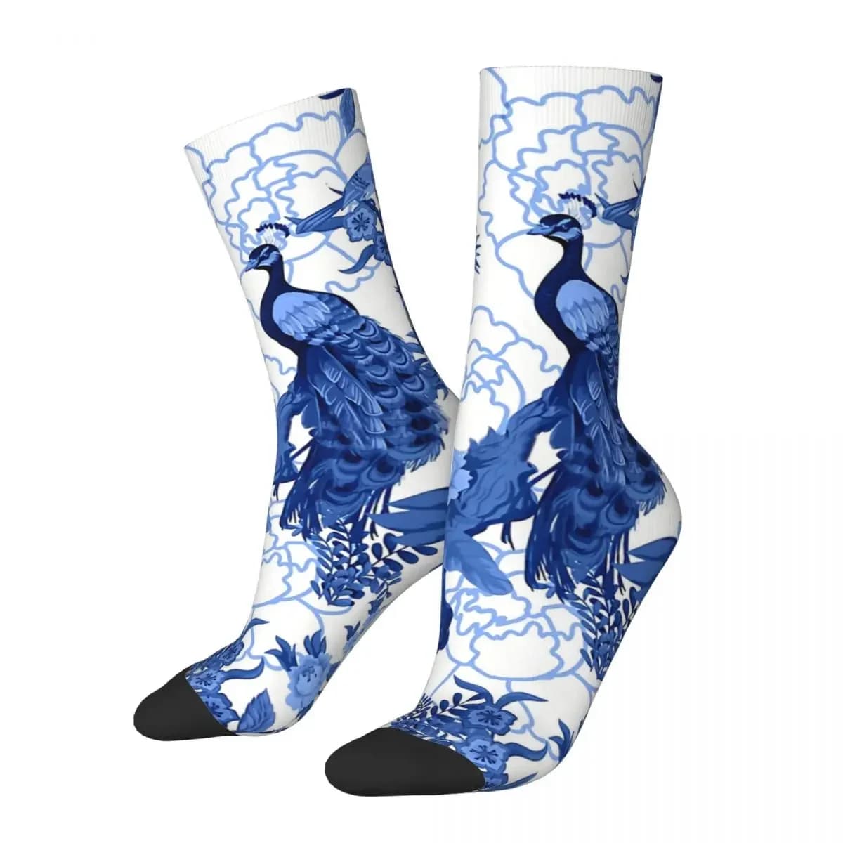Divertenti calzini da uomo felici Delft Blue Chinoiserie Fengshui Giardino orientale con pavoni Modello Hip Hop Crew Calzino pazzo regalo