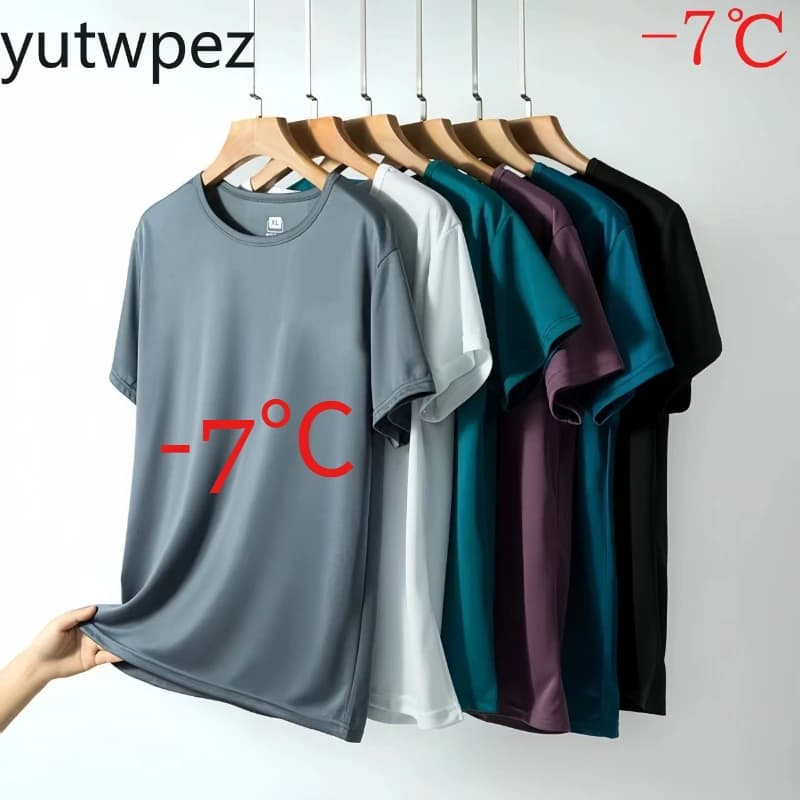 Summer Ice Silk Men T Shirt Short Sleeve Round Neck Breathable Thin Sport Running Quick Drying Tees Soft Elasticity Outdoor 5XL