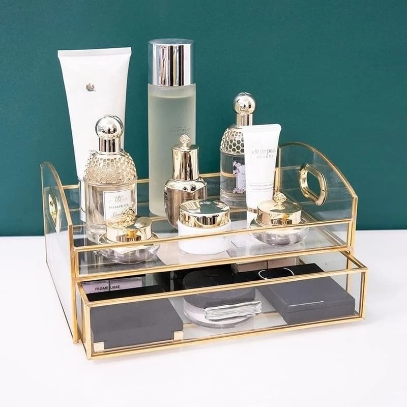 Desktop Cosmetics Storage Box, Clear Glass, Lipstick, Skin Care Products, Masks, Shelf, Gold Rim Jewelry Organizer