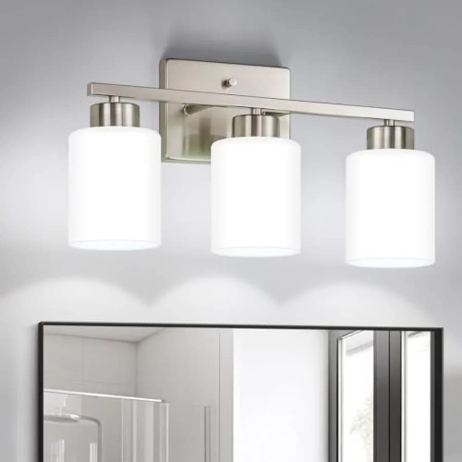 FonmYim Lampade da Bagno Moderne, Applique da Parete Sopra Specchio con Paralumi in Vetro Satinato Bianco Latte, Attacco E26 B