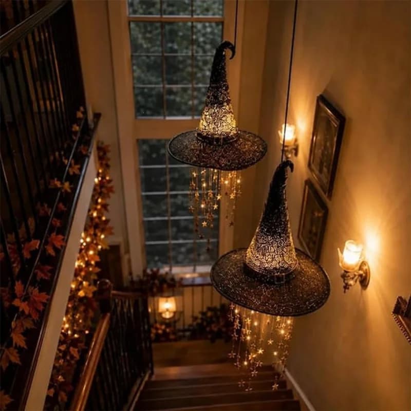 Halloween Glowing Witch Hat Wind Chime Hanging Ornament Iron Fabric Star Porch Door Window Light Up Holiday Decor