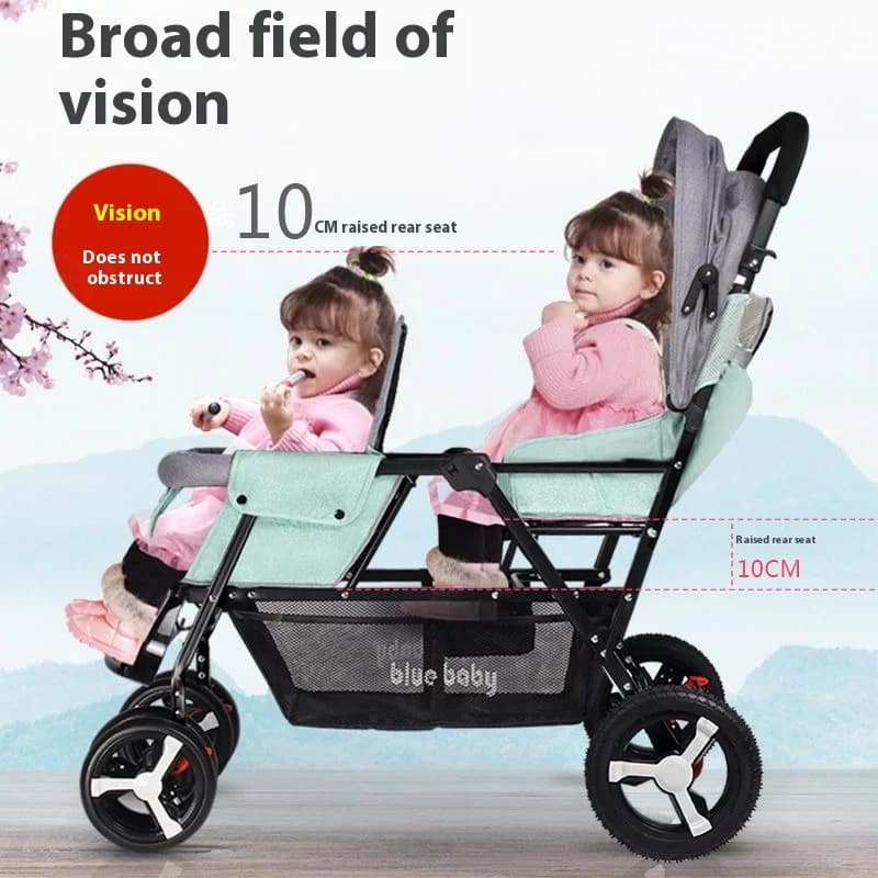 Passeggino doppio Tandem Seggiolini anteriori e posteriori Sistema da viaggio reclinabile per carrozza doppia pieghevole leggera per 2 bambini