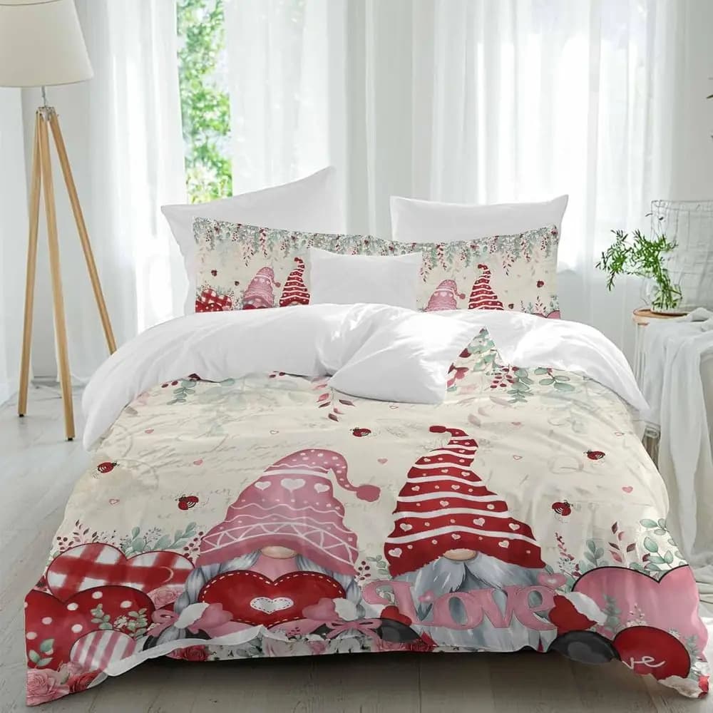 Set di lenzuola per San Valentino, con coppia di gnomi, cuore rosso e rosa, texture a giornale, 4 pezzi, set copripiumino traspirante.