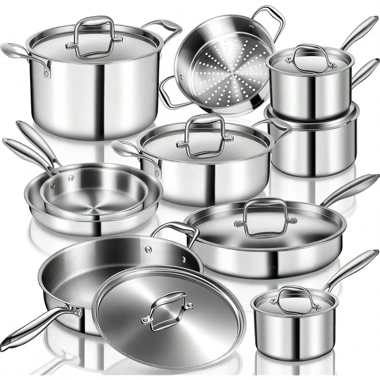 Stainless Steel Cookware Set, 3 Ply 17 Piece Stainless Steel Pot And Pan Set, Oven Dishwasher | Induction Compatible Frying Pans, Variant 1