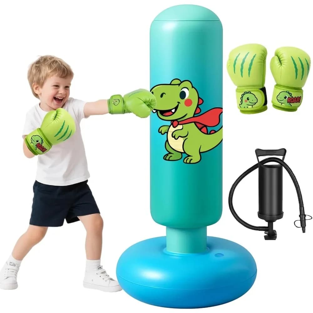Sacco da Boxe Gonfiabile a Forma di Dinosauro per Bambini 3-8 Anni con Guantoni da Boxe e Pompa ad Aria, Giocattolo Sicuro e Resistente