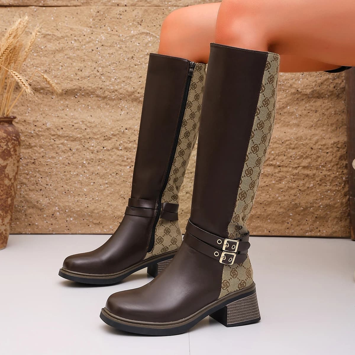 Women Thigh Boots Stitched Leather Printed Women Modern Boots Waterproof Shoes Fashion Outside Knee Boots Luxury Women Shoes