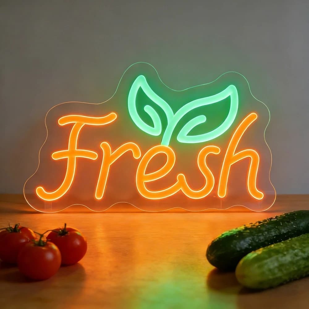 Insegna al Neon con Foglie Verdi e Lettere per Ristoranti, Caffè, Cucine, Negozi di Frutta, Decorazione a Tema Cibo Sano, Luce LED da Parete