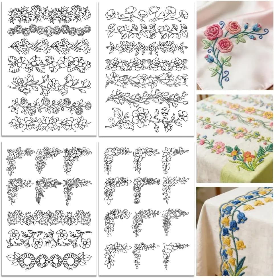 Pre-Printed Large Floral Border & Corner Stick and Stitch Embroidery Paper Water Soluble Wash Away Stabilizer for Embroidery DIY