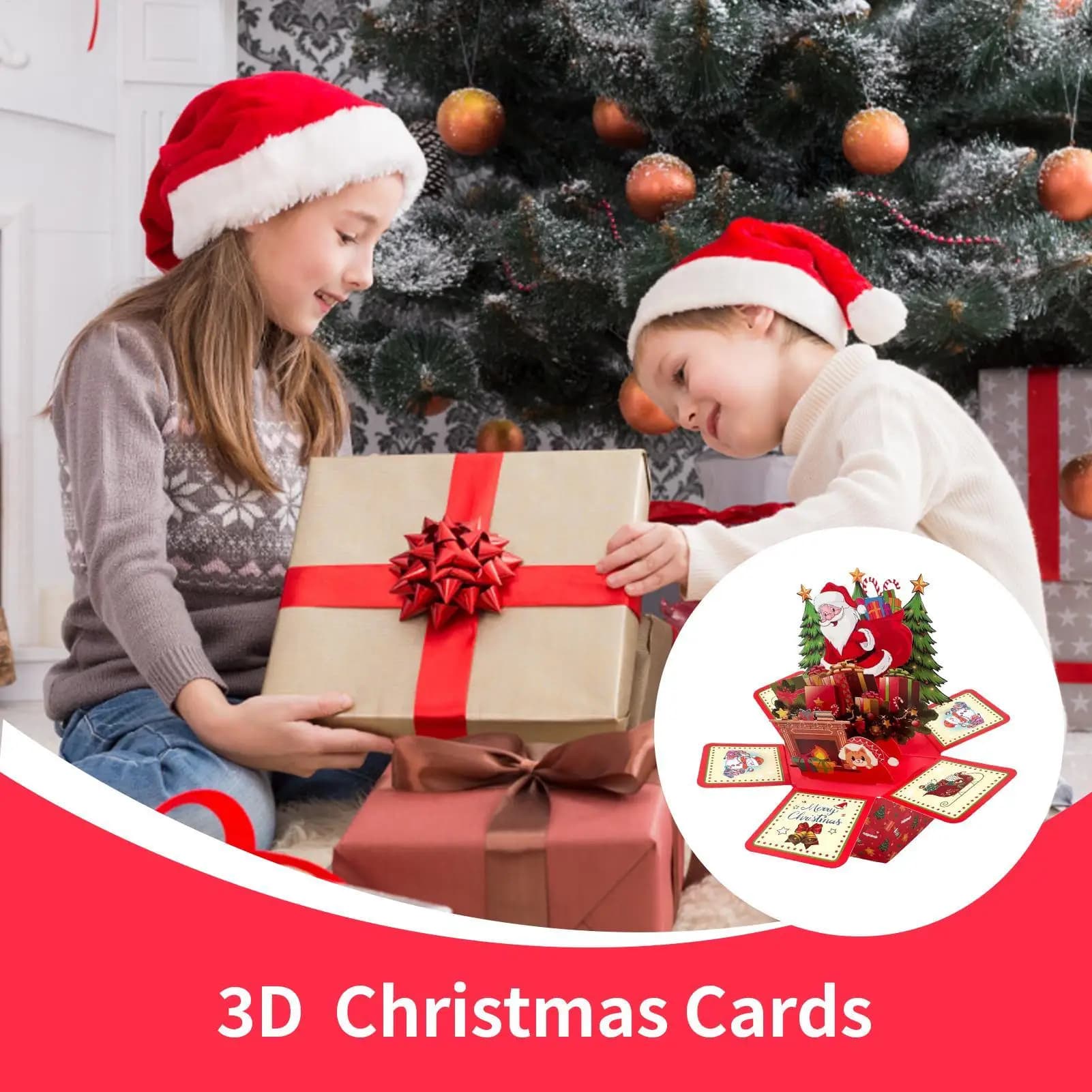 Buon Natale Carte 3D Tavolo pop-up Biglietti d'auguri per le vacanze di Babbo Natale Ornamento natalizio esagonale con buste Note adesive per