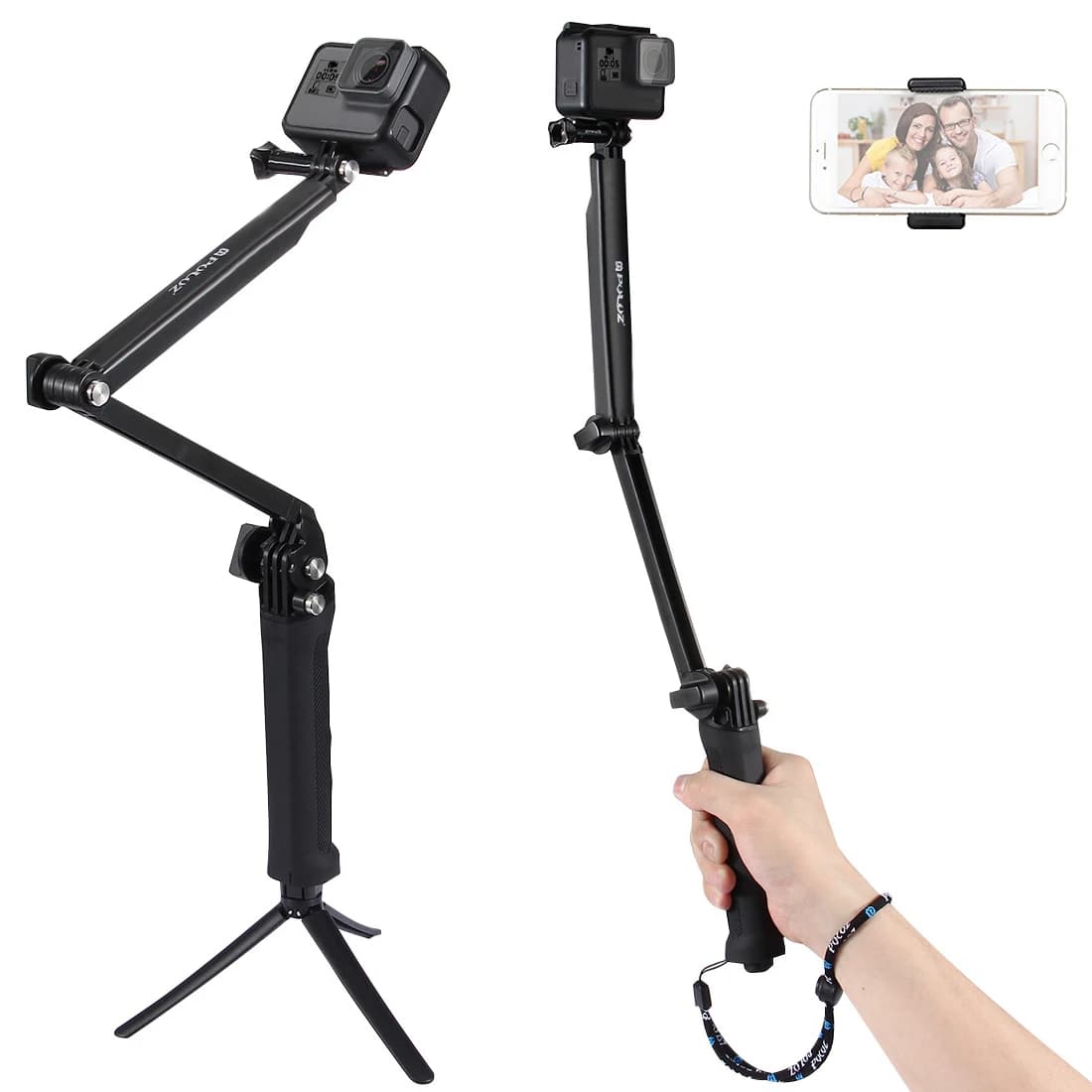 Monopiede pieghevole per selfie stick a 3 sezioni con mini treppiede nascosto per GoPro Hero 13 12 11 10 9 DJI OSMO Insta 360 fotocamere telefoni