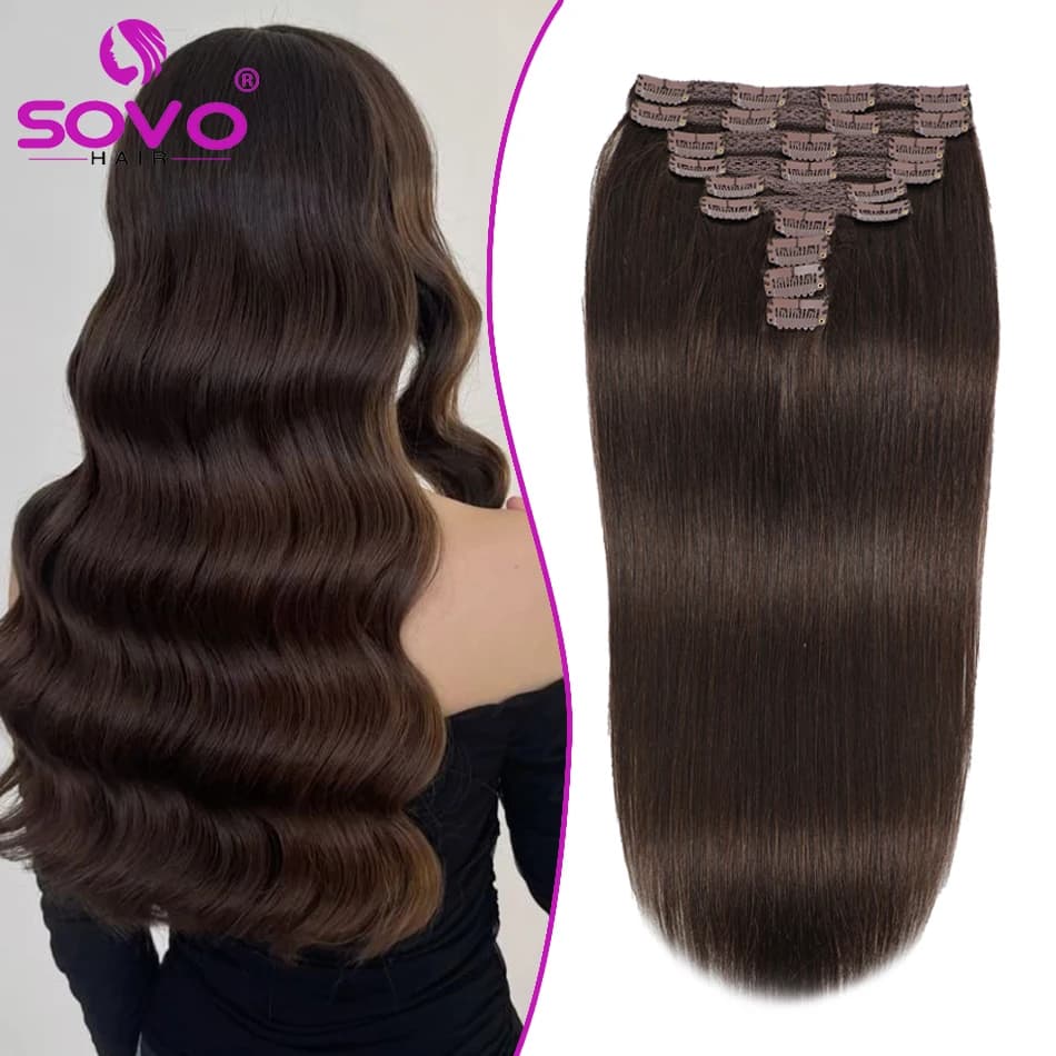 Clip In Hair Extensions 100% Remy Human Hair Dark Brown Clip On Hair Extensions Full Head 10Pcs 18-28 Inch Salon Supply
