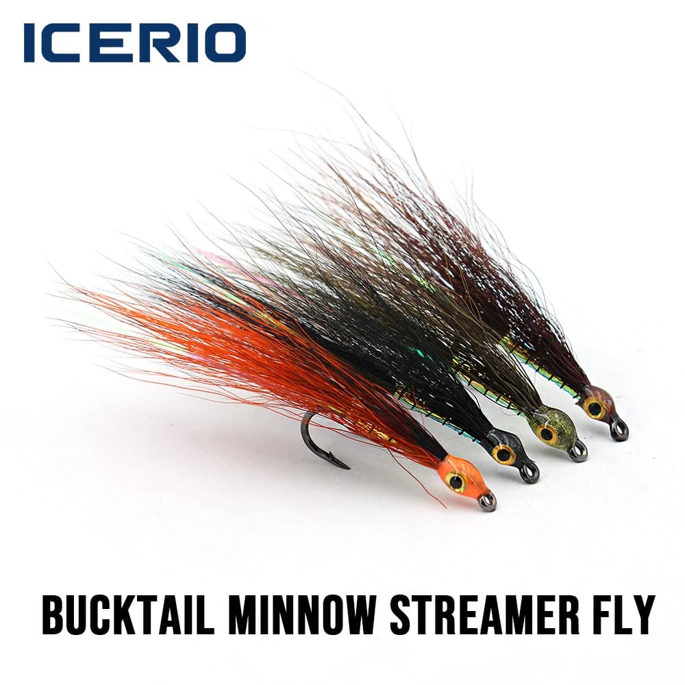 ICERIO # 6 Mosche Artificiali Bucktail Minnow Streamer - Esche con Occhi 3D in Resina Epossidica e Amo Barbed per la Pesca di Trota, Spigola, Luccio, Musky e Pesca in Mare