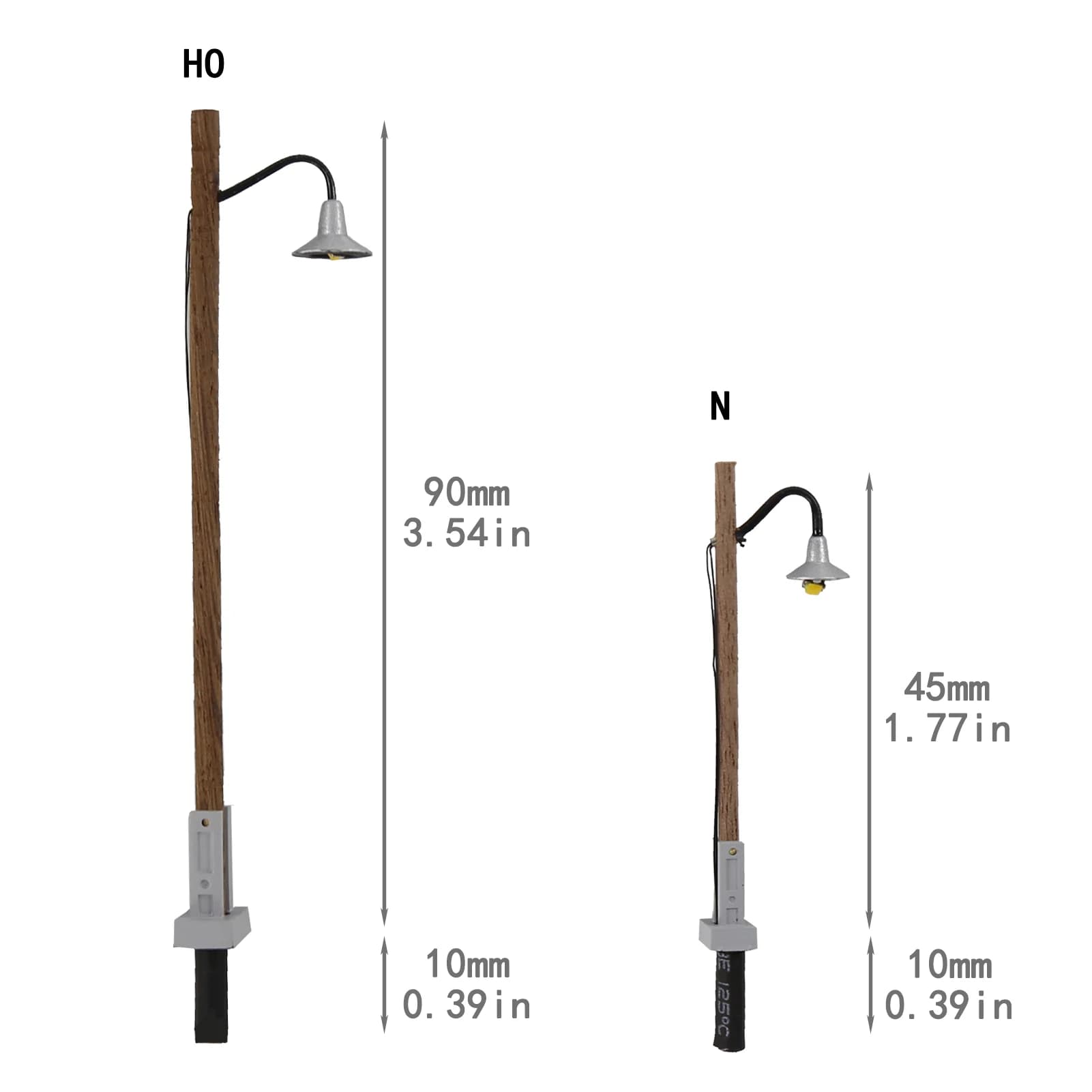 Evemodel 5 pcs. Road lights N HO scale with wooden pole and metal head, warm white LED lamps with resistors for 12V LD24