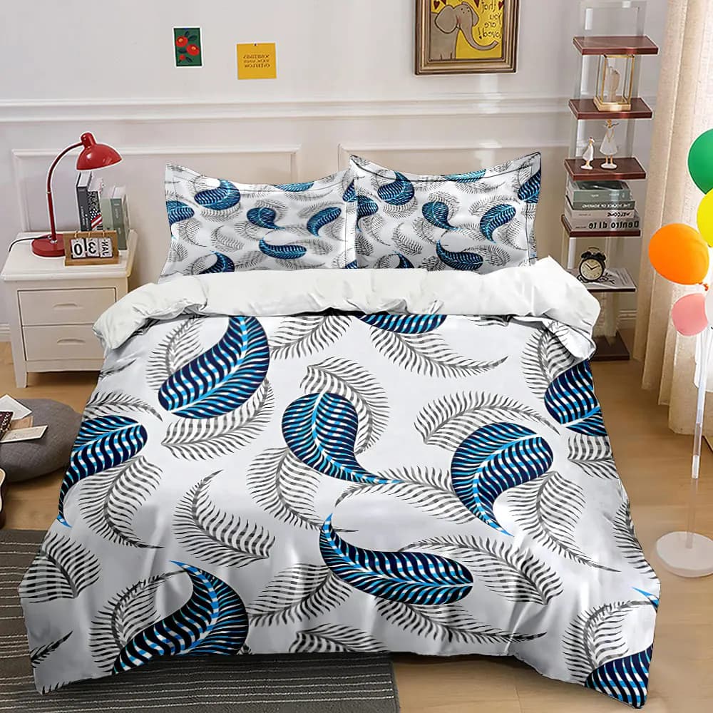 Blue striped leaf pattern Printed Duvet Cover Set1 Duvet Cover+2 PillowcaseMulti Size Bedroom Bedding Decor Luxury gifts