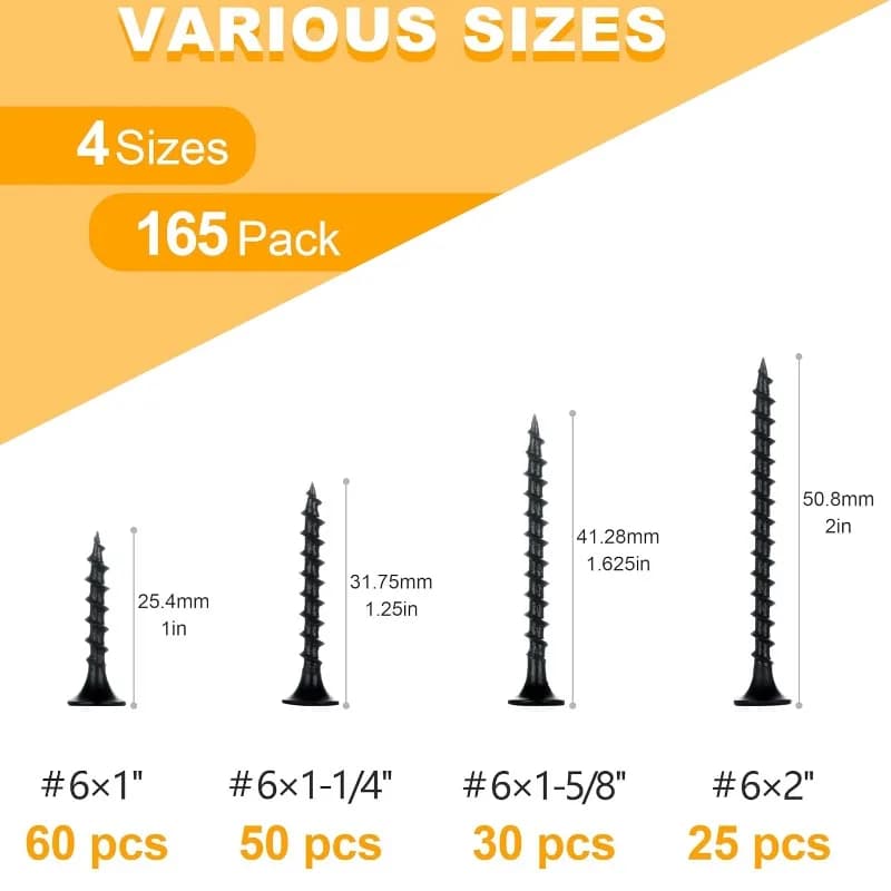 165Pcs Phillips Coarse Drywall Screws Assortment Kit Black Wood Screws for Sheetrock Picture Hanging Kit Frame Painting Art