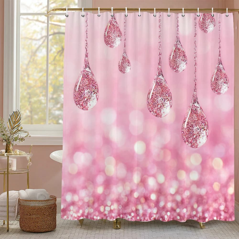Tenda da doccia con motivo a goccia d'acqua rosa lucido, tenda da doccia decorativa per il bagno, tenda da doccia impermeabile con ganci