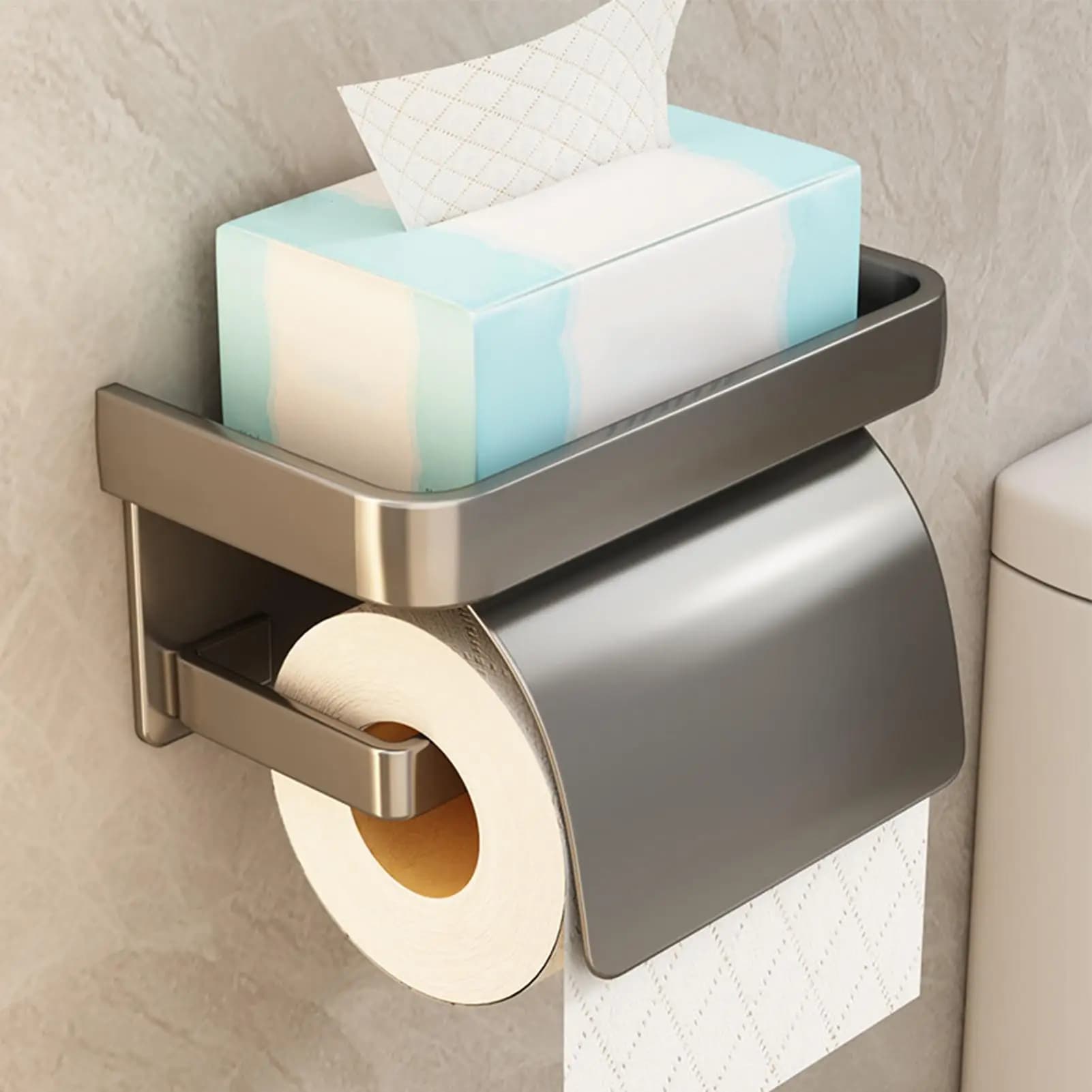 Bathroom Wall-Mounted Paper Towel Holder with Shelf No Drill Rustproof Toilet Paper Holders for Kitchen Bathroom Washroom