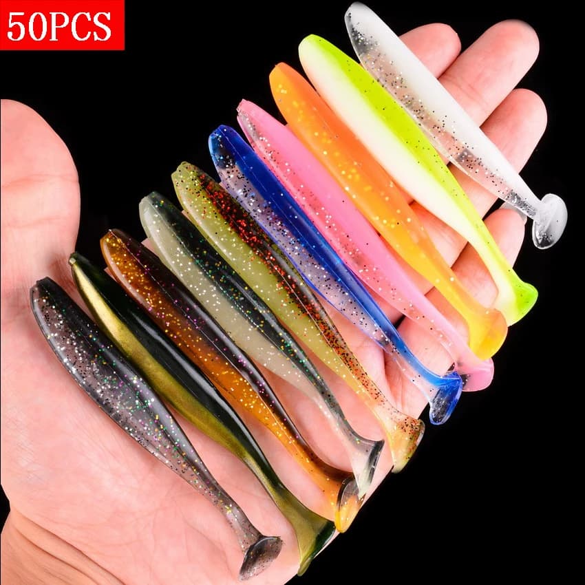 50 pz Proleurre Shad Verme Esca Morbida 70mm 2g Coda Jigging Wobblers Richiamo di Pesca Affrontare Bass Pike Aritificial Silicone Swimbait