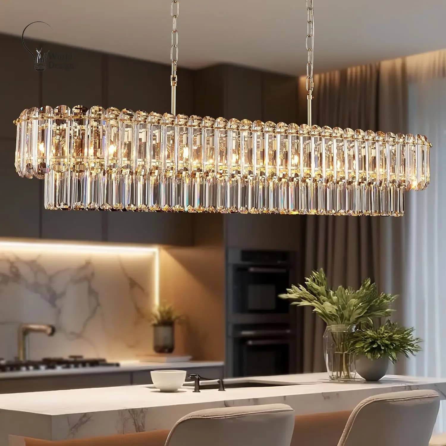 Lampadari di cristallo dorati Lampada da tavolo da pranzo Lampada a sospensione di lusso rettangolare di grandi dimensioni per soggiorno dell'ingresso dell'isola della cucina