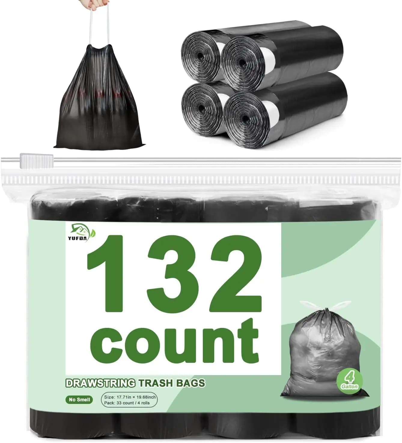 4 Gallon Small Trash Bags 132 Count Drawstring Garbage Bags for Bathroom Office Bedroom Tear-Free Plastic Wastebasket Liners Black