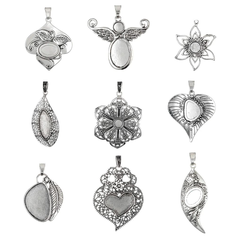 2Pcs Tibetan Silver Vintage Heart Leaf Charms Pendant Oval Cabochon Base Blank Bezel Setting For DIY Necklace Jewelry Making