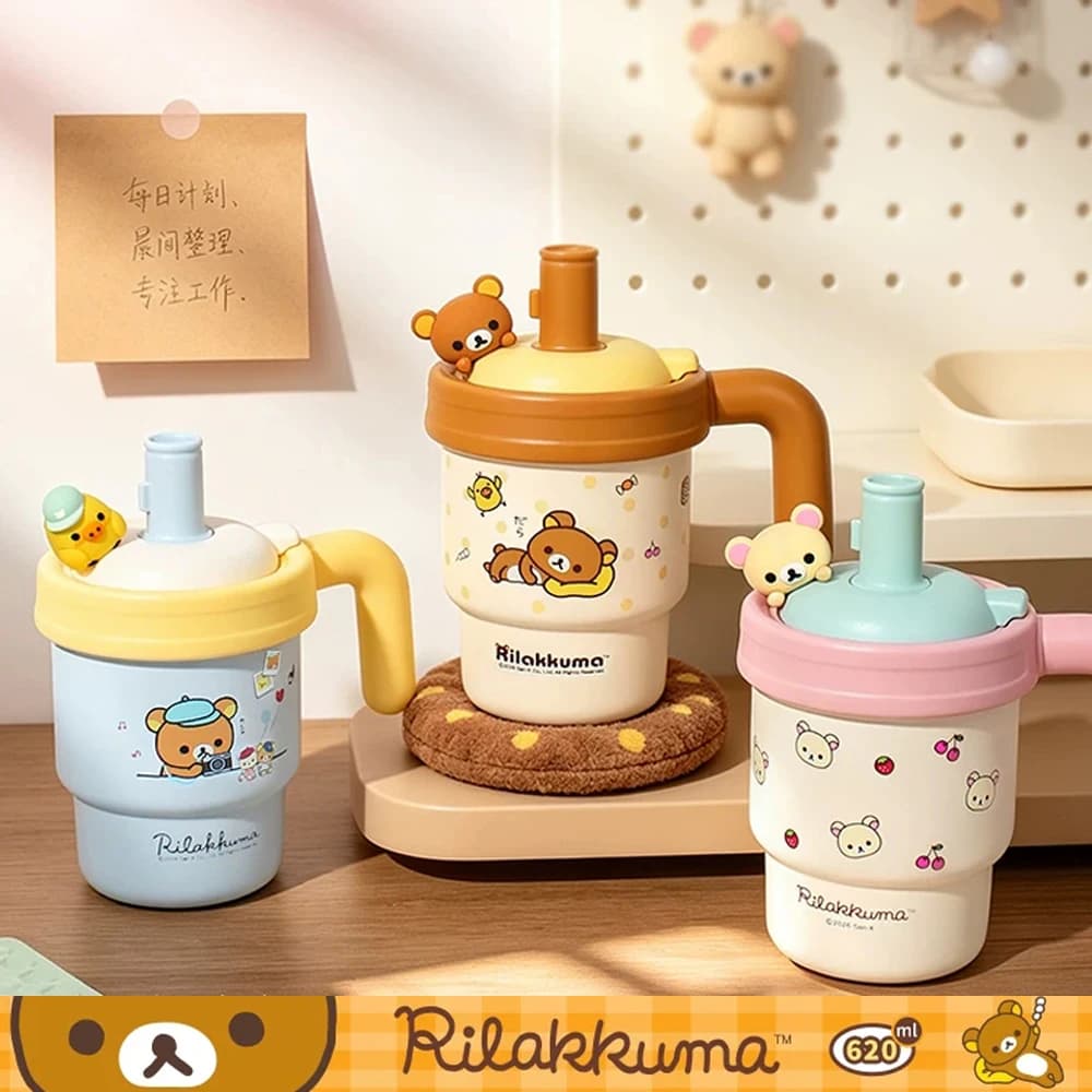 Rilakkuma Insulated Water Bottle 620ml Ceramic Liner Straw Cup Large Capacity Travel Drinking Mug For Adults