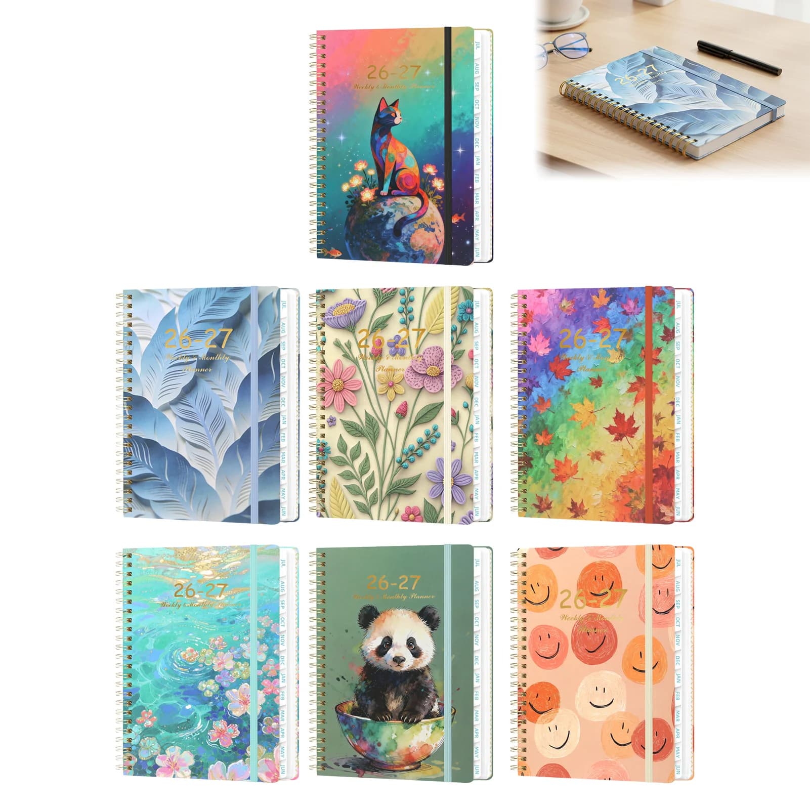 2027 Planner Notebook Hardcover with Painted Cover Elastic Strap 140 Sheets for Students Office Daily Schedule Organization