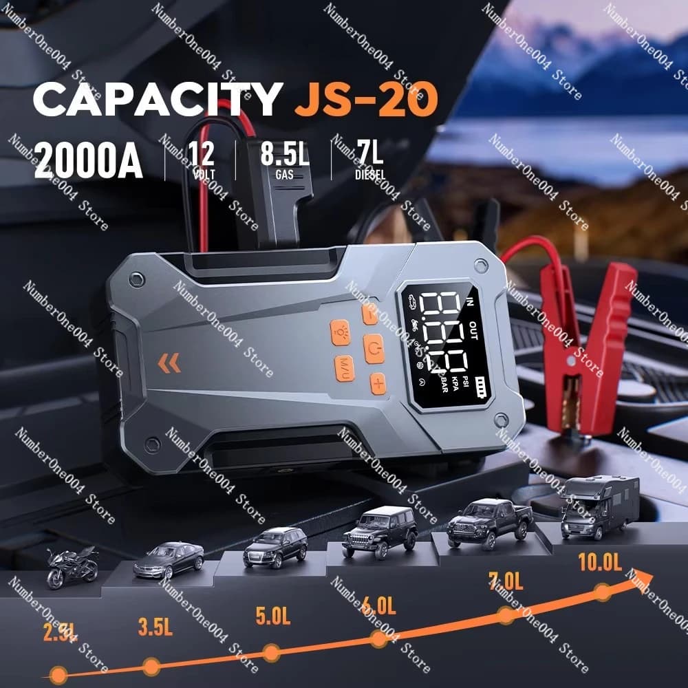 JS-20 12V 2000A Car Battery Booster 150PSI Air Compressor Portable Power Pack 10000mAh 37Wh Car Jump Starter
