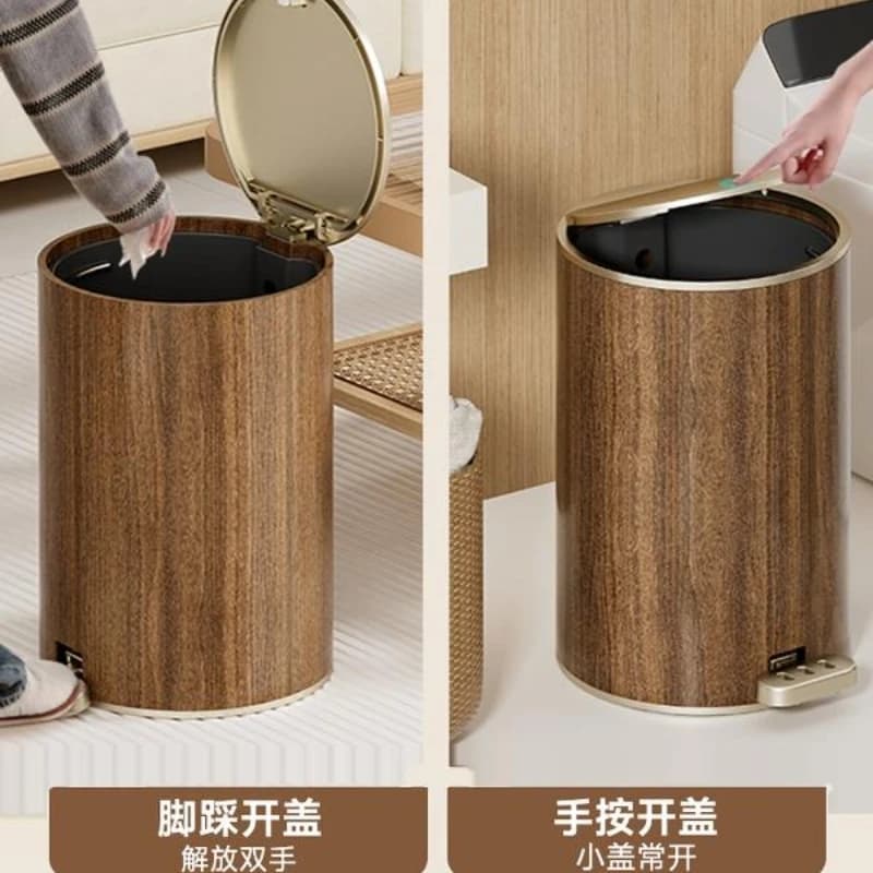 Light Luxury Wood Grain Double Layer Lidded Trash Can, Mid Century LargeBin for Bedroom Living Room Homestay Home Commercial Use