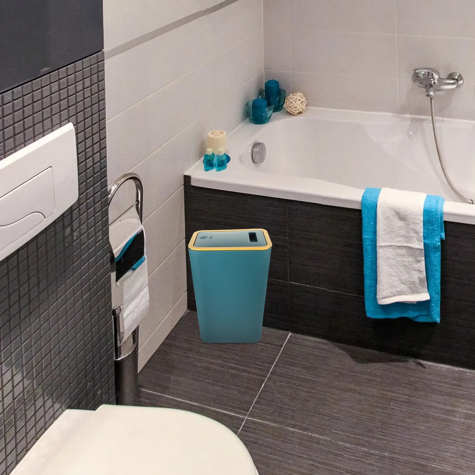Cestino per rifiuti in plastica stretto con chiusura a pressione, 1 pezzo, per bagno, camera da letto, ufficio, cucina, leggero.