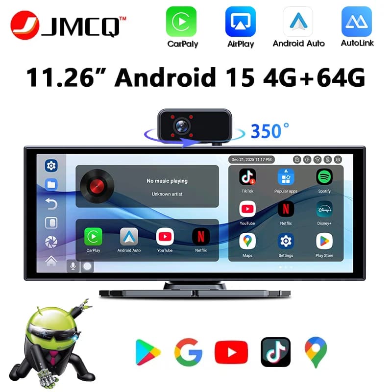 DVR per Auto Android 15 da 11,26 Pollici, 4G+64G, Lettore Multimediale Video, Carplay Wireless, Android Auto, Bluetooth, Dashcam, Telecamera 1080P, FM, AUX