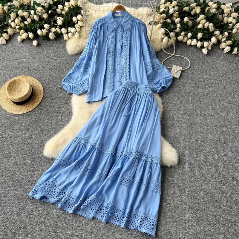 Di lusso Scava Fuori 2 Pezzi Set Vestito Delle Donne Vestiti di Autunno Delle Donne Camicia Ricamata Top Gonna Lunga Set CHIC Due Pezzi Set di Abiti