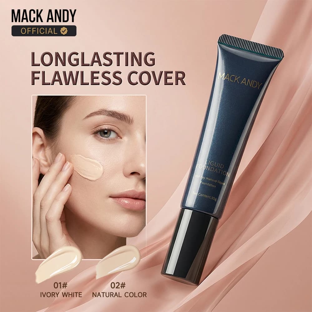 Fondotinta Liquido Super-Sfumabile MACK ANDY, Coprenza Totale, Lunga Durata, Riduce e Uniforma il Tono della Pelle, Macchie Scure, Finitura Naturale Luminosa