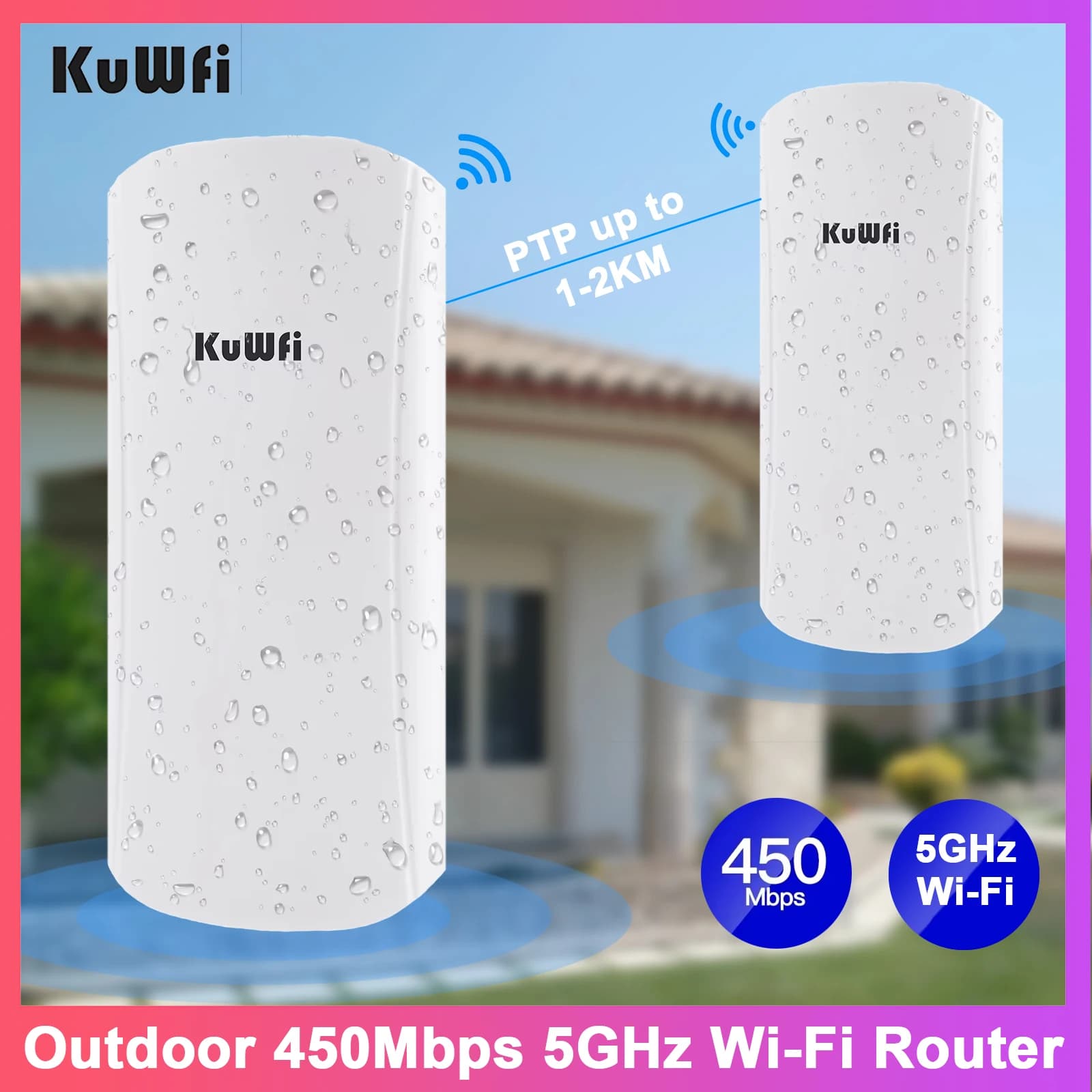 KuWfi Outdoor 450Mbps 5GHz WiFi Router WiFi Signal PTP 1-2KM Long Range Extender AP Repeater Mode 12dBi Panel Antenna 24V POE